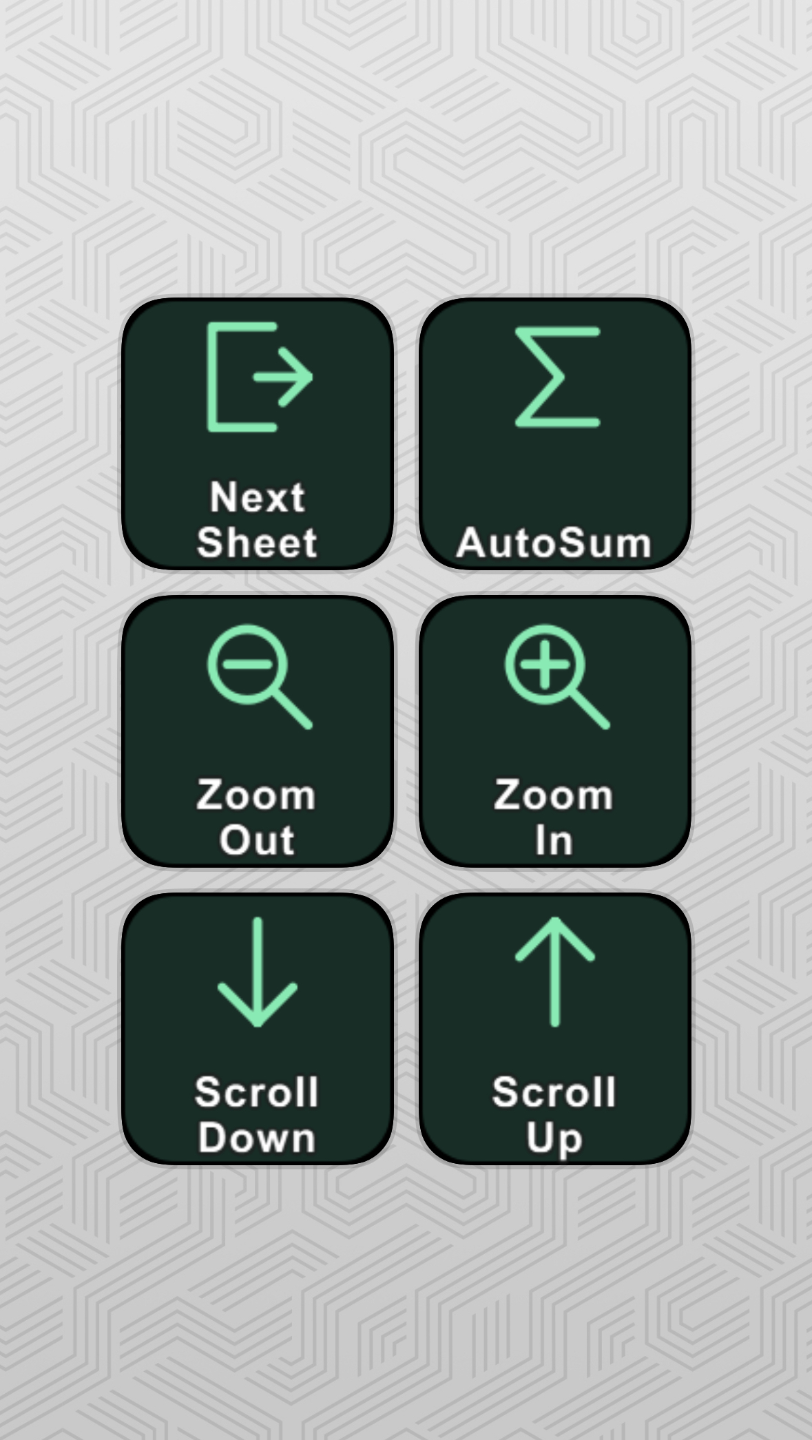 ExcelDeck on Stream Deck Mobile showing Next Sheet, AutoSum, Zoom Out, Zoom In, Scroll Down and Scroll Up buttons
