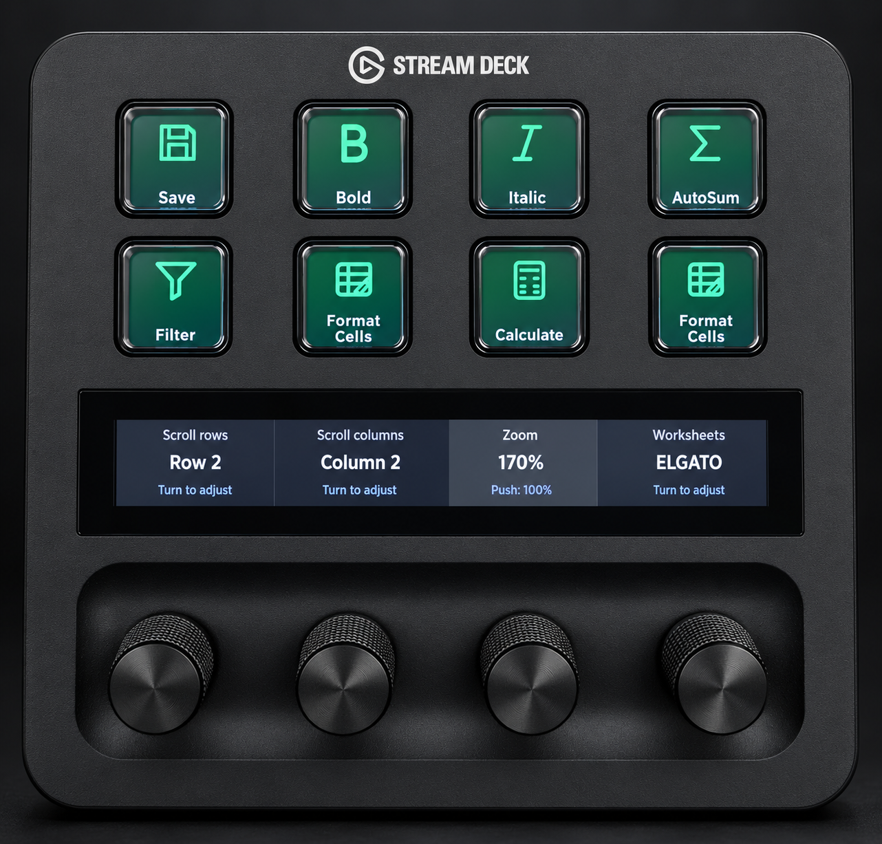 Real Stream Deck Plus running ExcelDeck with Excel shortcuts and dial controls